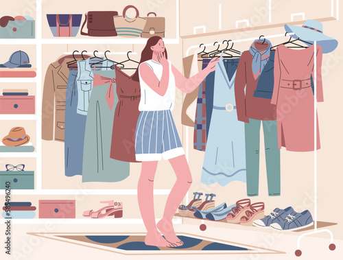 Wardrobe room, woman closet with clothes on racks, shoes and accessories. Person thinking about dressing, fashion woman choose outfit, kicky vector scene