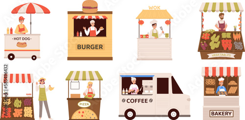 Cartoon street vendors, seller burger, coffee and hot dog. Vendor market, fresh farmers fruits and vegetables. Stall bazaar snugly vector set