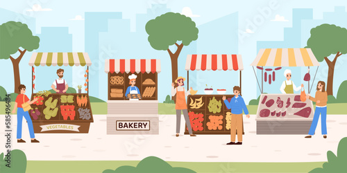 Fresh food city market. Local farm products on stall, sellers and byers. Farmers sell vegetables, fruits and meat. Cartoon bazaar snugly vector scene