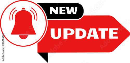 New update sticker. Now upgrade band icon. Banner for sale, web marketing notice. Important message with bell, information arrow decent vector sign