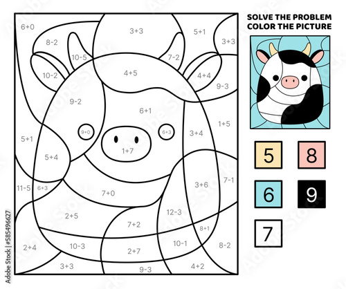 Cow. Solve the problem, color the picture. Addition Subtraction. Coloring book Vector