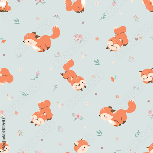 Cartoon foxes seamless pattern. Wildlife fox red, wild animal modern nursery fabric print. Foxy characters different poses, nowaday vector background