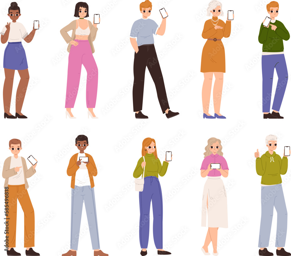 People show smartphone screen. Mobile happy men and women, young entrepreneur showing phone. Travel person, student and technology, snugly vector set People show smartphone screen. Mobile happy men and women, young entrepreneur showing phone. Travel person, student and technology, snugly vector set