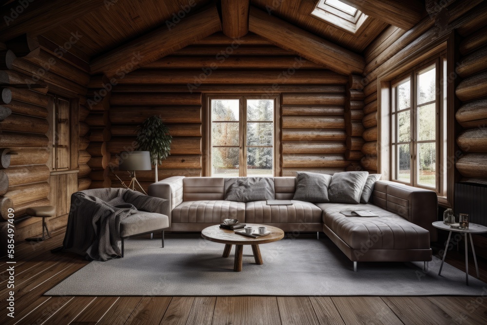 Log cabin living room, front view, architect interior designer idea. Frame mockup, fabric sofa with cushions. Farmhouse,. Generative AI Log cabin living room, front view, architect interior designer idea. Frame mockup, fabric sofa with cushions. Farmhouse,. Generative AI
