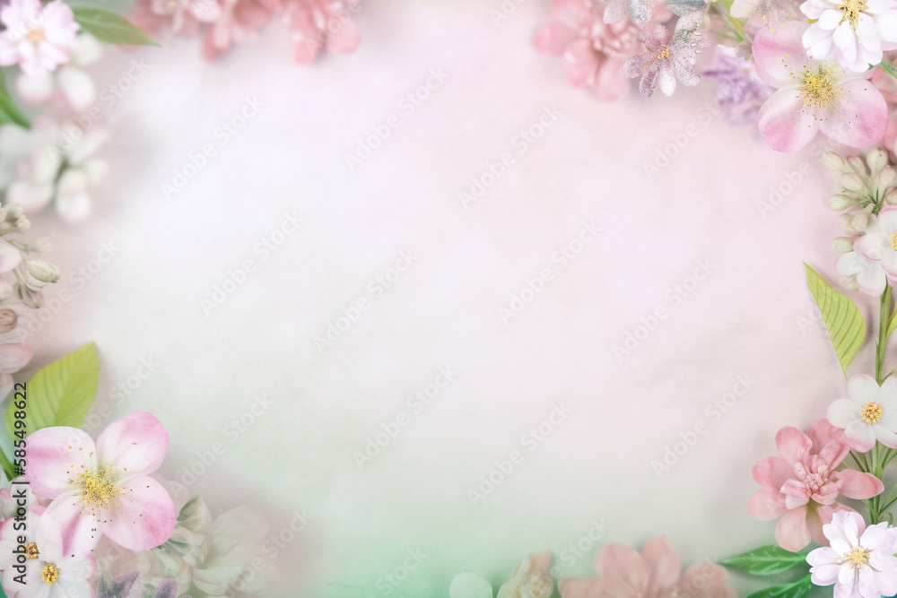 Enchanting Floral Frame with Soft Pink and White Flowers Against a Pastel Flowery Background for a Fairy Tale Style Effect