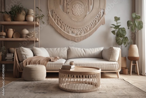 Modern beige living room with macrame sofa and wicker circular mat. Cottage interior. Generative AI