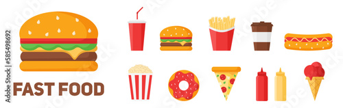 Fast food. Vector set. Hamburger, pizza, french fries, etc.