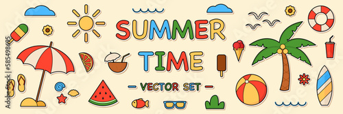 Set of summer stickers. Cartoon style. Vector illustration