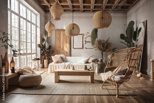 Bohemian living room with parquet and cane ceiling, blurred backdrop. Rattan armchairs, jute carpet, and sofa. Boho decor,. Generative AI