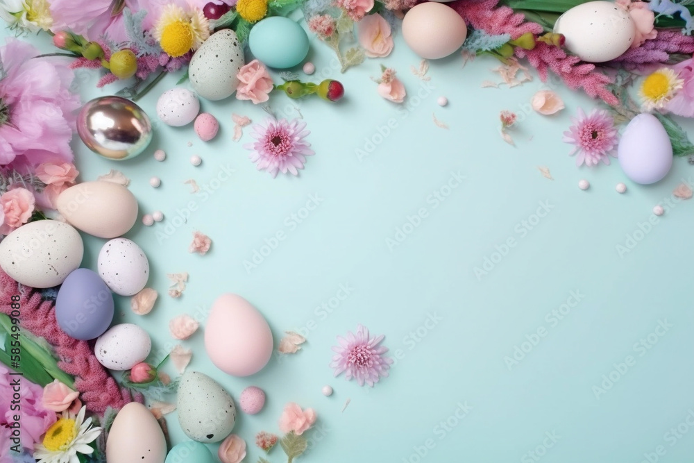 Colorful Easter Eggs and Flowers on a Blue Background: A Mixed Art Pastel Hues Flatlay with Lots of Colorized Spring Vibes! Colorful Easter Eggs and Flowers on a Blue Background: A Mixed Art Pastel Hues Flatlay with Lots of Colorized Spring Vibes!
