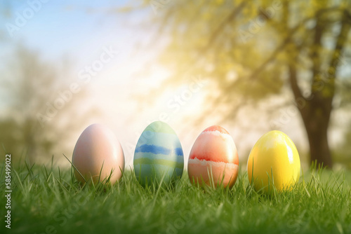 Group of Colorful Easter Eggs  on a Sunny Day, in the Sun During the Spring Season