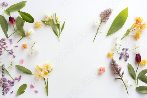 A White Tabletop Abundant with Colorful Flowers and Plants Creating a Beautiful Botanical Background.