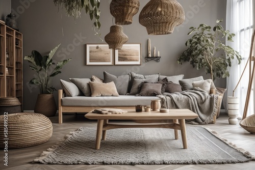 Gray couch, wooden coffee table, cushions, blankets, rattan lamp, macrame, flowers, basket, and stylish decorations in living room. Interior design. Template. Generative AI