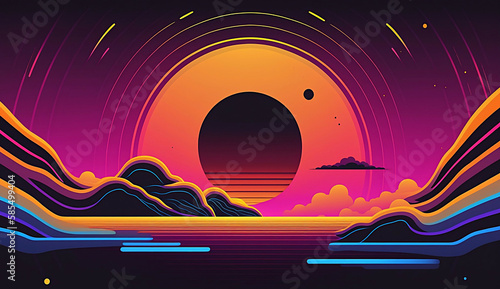 alien planet and space abstract background with circles retro neon psychedelic background new quality stock image space illustration desktop wallpaper design, Generative AI
