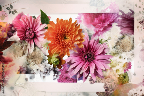 A Digital Collage of Colorful Flowers in a Picture Frame: A Floral Design with Brightly Colored Blossoms and Motifs Against a Colorized Background