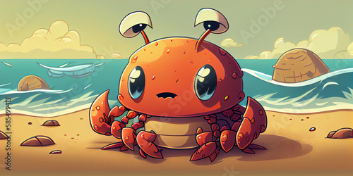 Character  cartoon crab on the sandy beach. Abstract illustration.