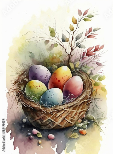 Easter eggs in a basket. A watercolor painting of a basket of easter eggs. Generative AI