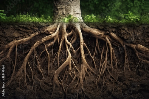 Root system of a tree growing underground, soil cross section. Generative AI realistic illustration