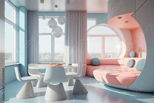 Futuristic apartment interior, penthouse with large panoramic windows and furniture. Abstract illustration.