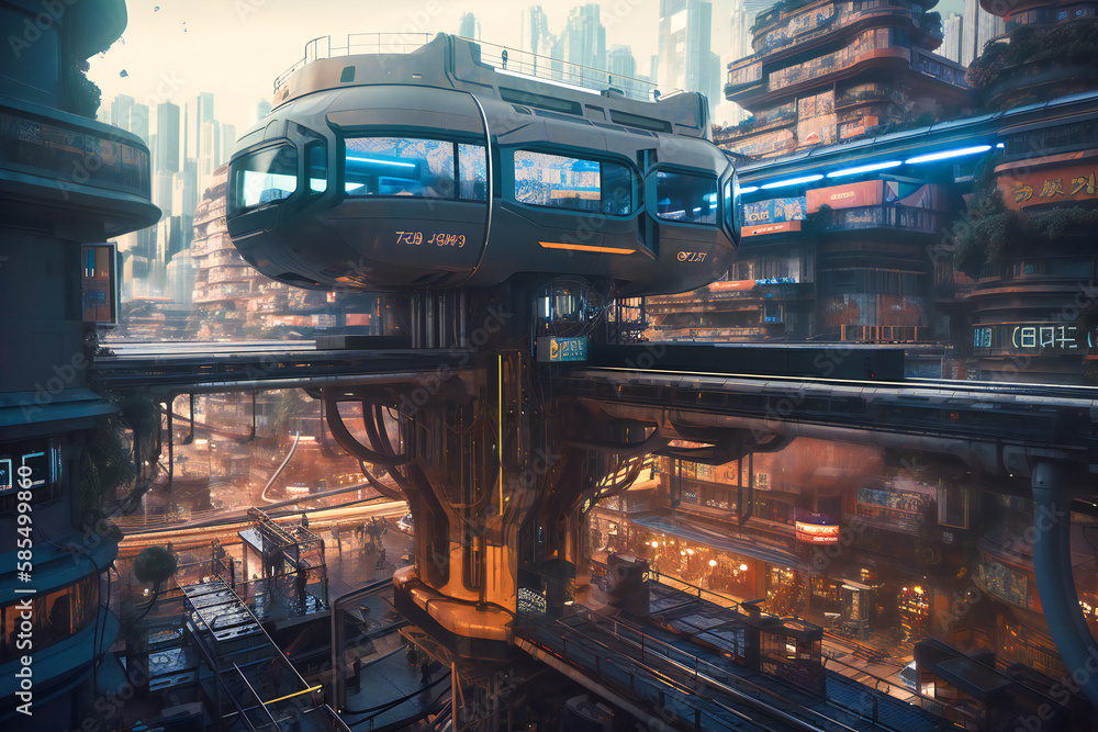 Hovering above a bustling metropolis, the sci-fi station seamlessly integrates human ingenuity with robotic prowess, revolutionizing monorail transport for a thriving future