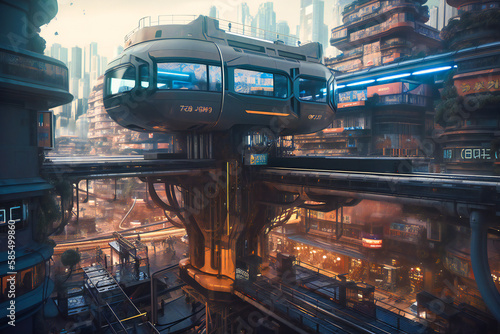 Hovering above a bustling metropolis  the sci-fi station seamlessly integrates human ingenuity with robotic prowess  revolutionizing monorail transport for a thriving future