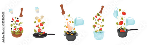 Food Preparation with Floating Ingredients for Cooking and Utensils Vector Set