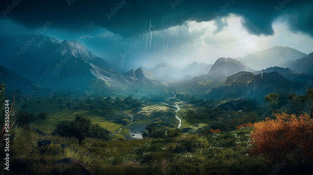 Scenic Landscape of a mountain valley, during a rainy stormy weather with cloudy sky. Generative AI.