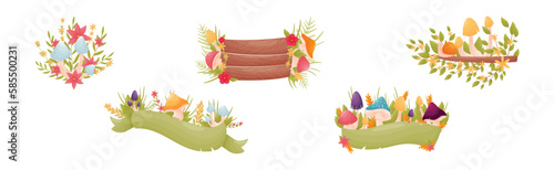 Forest Decor with Mushrooms and Foliage with Wooden Board and Ribbon Vector Set
