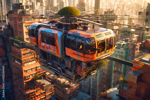 Zipping through the sky, the flying car embraces a new age of mobility, navigating the awe-inspiring skyline of a city where dreams take flight