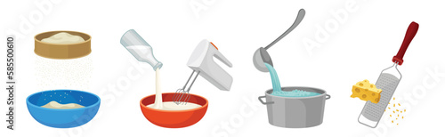 Cooking and Food Preparation Process with Kitchen Utensils and Ingredient Vector Set