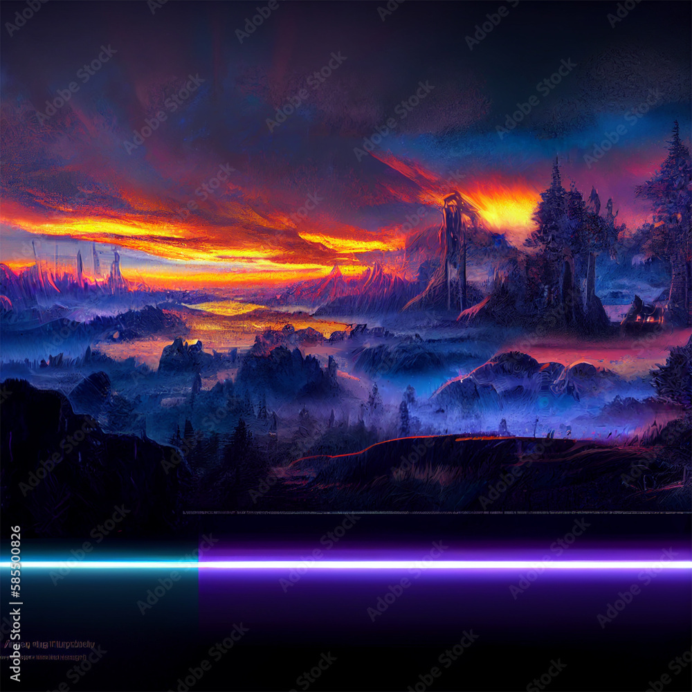 Landschaft im Technologie und Fantasy Stil 3, Mystische Landschaft Zukunftstechnologie Planeten Sterne