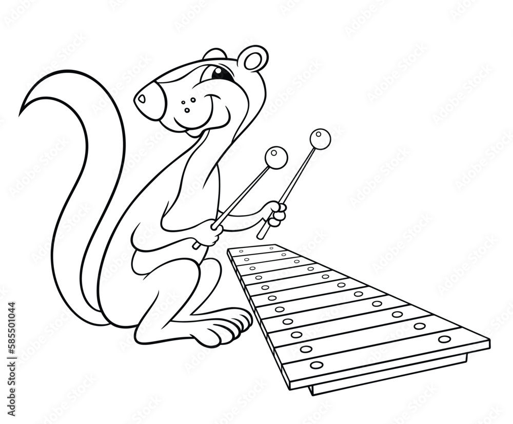 Fototapeta premium Cartoon animals. Vector outline image for coloring, isolated on white. Cartoon Xerus plays the xylophone. Xerus is a funny musician.