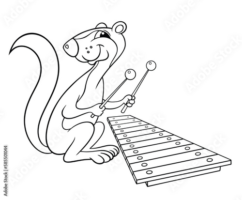 Cartoon animals. Vector outline image for coloring, isolated on white. Cartoon Xerus plays the xylophone. Xerus is a funny musician.