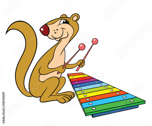Cartoon animals. Vector color image isolated on white. Cartoon Xerus plays a colored xylophone. Xerus is a funny musician.