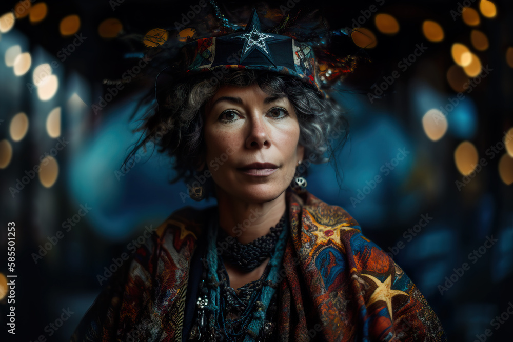 Fototapeta premium Portrait of a woman dressed in a star style intricate tarot outfit. Generative AI.