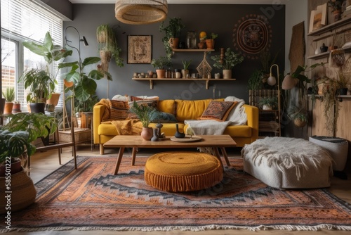 Boho living room in comfortable apartment with design coffee table, gray couch, honey yellow cushions, piano, wooden shelf, plants, and attractive personal items. Illustrations. Generative AI © AkuAku