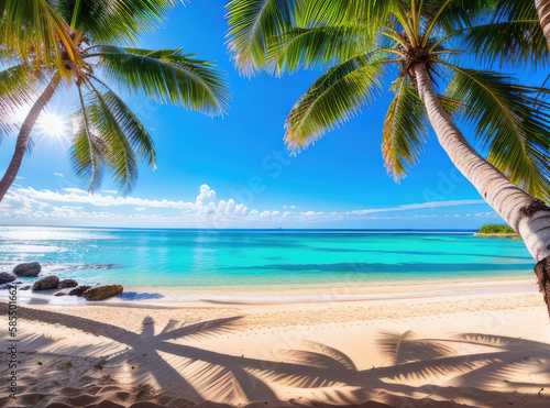 tropical beach with palm trees with sunshine