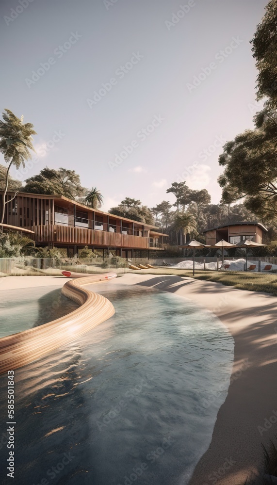 Fototapeta premium Beachfront resort with large pool and beautiful wooden residences surrounded by beach trees Generative AI