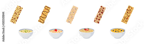 Bowls of Breakfast Cereal with Berries and Granola Bars Vector Set