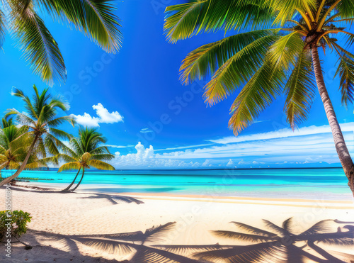tropical beach with palm trees with sunshine