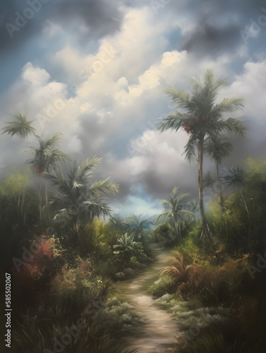 A beautiful paradise painted in oil. Generative AI