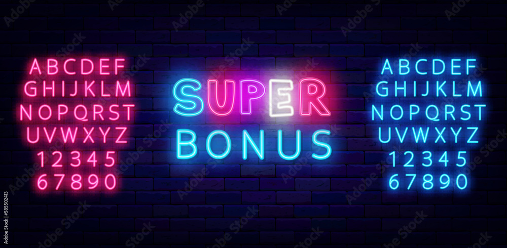 Super bonus neon announcement. Handwritten text. Simple colorful typography. Vector stock illustration