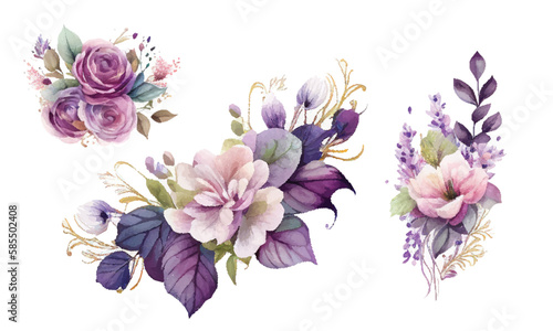 Watercolor flowers bouquets isolated on white background. Stylish fall wedding bunch of flowers.Elements are isolated and editable © Mashaki