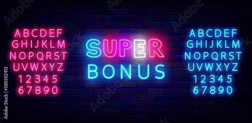 Super bonus neon announcement. Handwritten text. Simple colorful typography. Vector stock illustration
