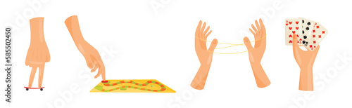 Human Hand Playing Different Game with Toys Vector Set