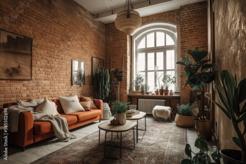 Poznan, Poland, 10 October 2022 Traditional boho living room with ancient brick wall in tenent house apartment. Generative AI © AkuAku