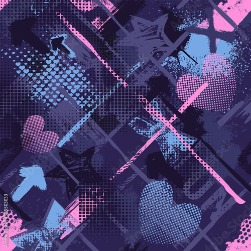 Abstract seamless grunge pattern. Urban style modern background with lightning, dots, geometric, letters and spray elements. Drive modern creative wallpaper for boys and girls