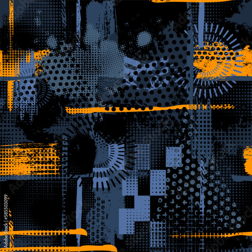Abstract seamless chaotic pattern with urban geometric elements, scuffed, drops, triangles, spots, sprays Grunge neon texture background. Wallpaper for boys and girls