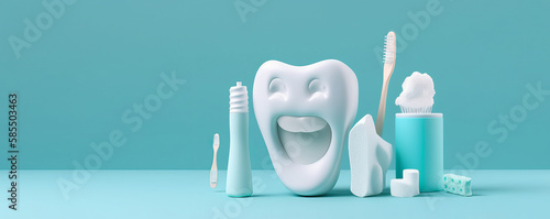 Maintain Your Winning Smile with Dental Care Products. Protection and Freshness for Healthier Teeth. Dental care and protection on blue background. Generative AI