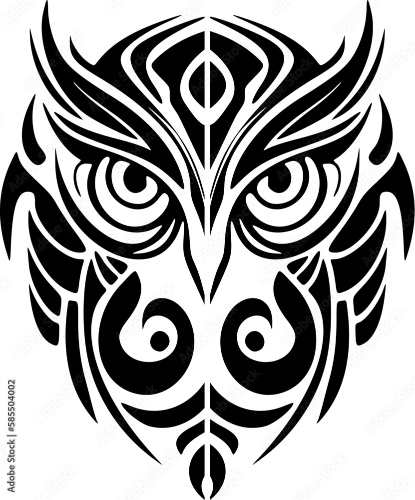 ﻿Tattoo of a black and white owl sporting Polynesian designs.